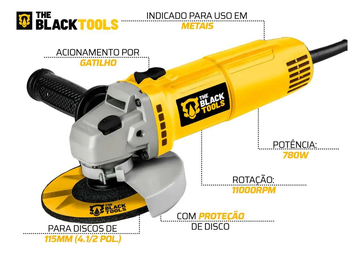 Esmerilhadeira Lixadeira Angular 4.1/2 11000rpm 780w The Black Tools Cor Amarelo Com 2 Discos De Corte - Vale a pena em 2026? - Imagem 4